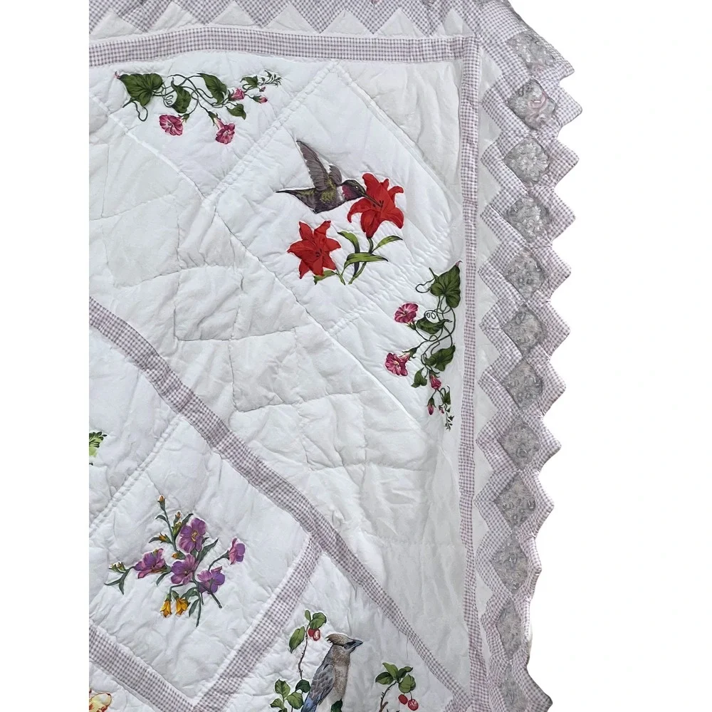 Vintage Hummingbird Floral Quilt Set Scalloped Edge 86x86 With 2 Shams